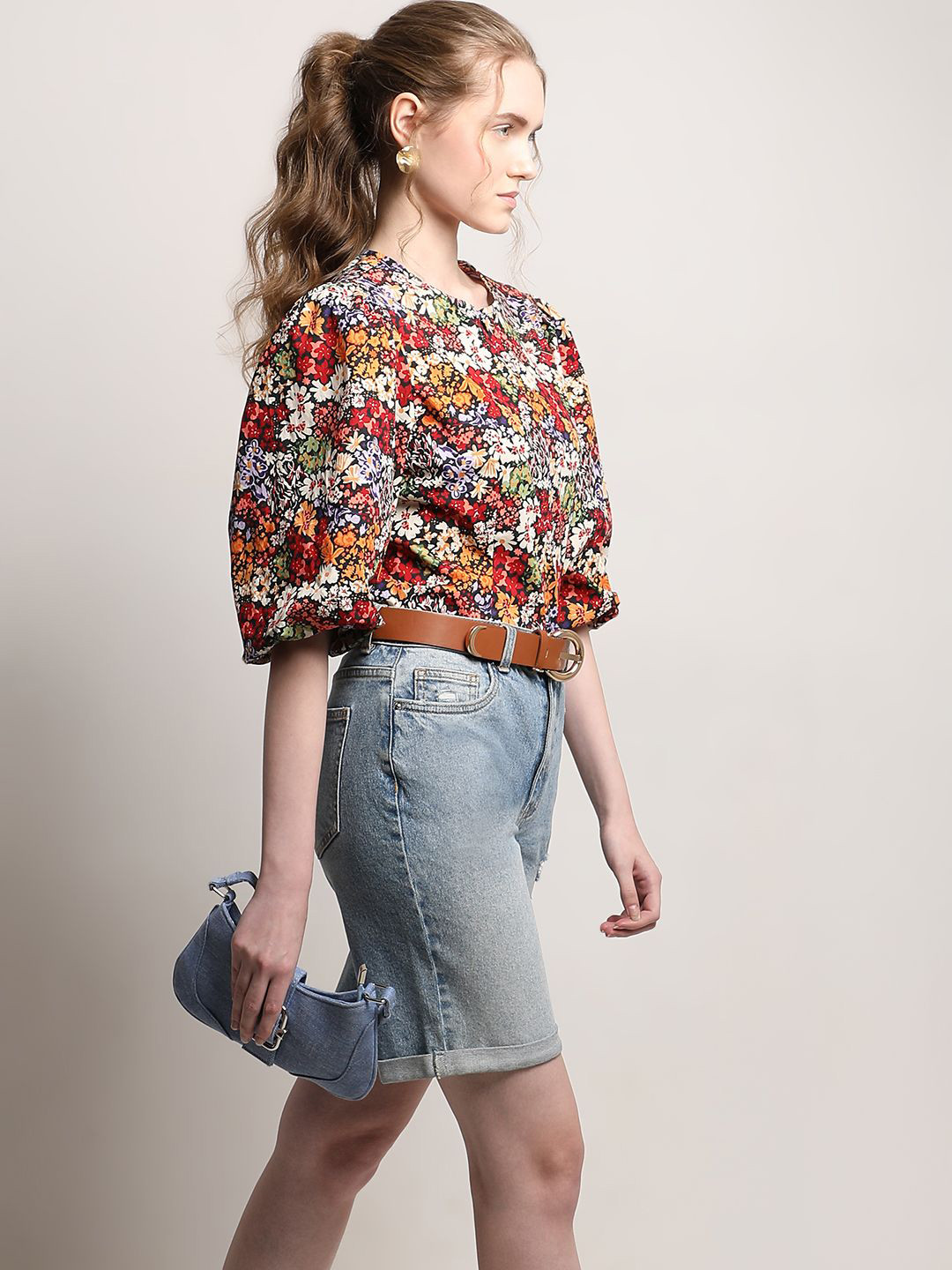 Vero Moda Women Floral Print Puff Sleeve Cotton Boxy Top