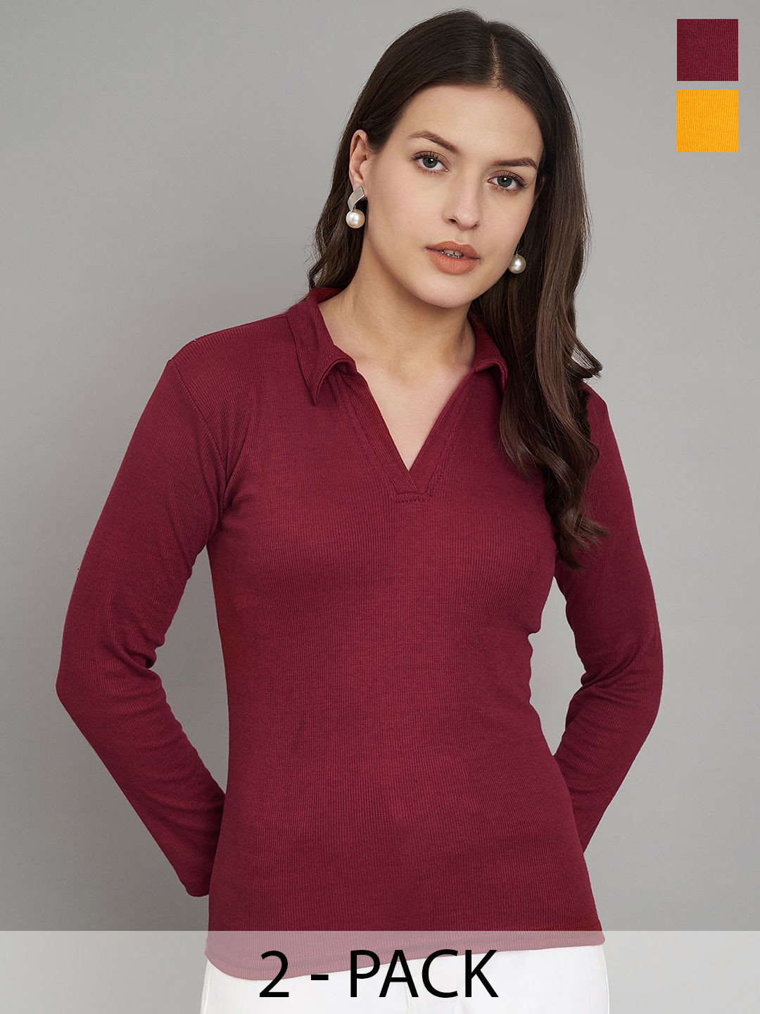 Trend Level Pack Of 2 Shirt Collar Cotton Solid Top