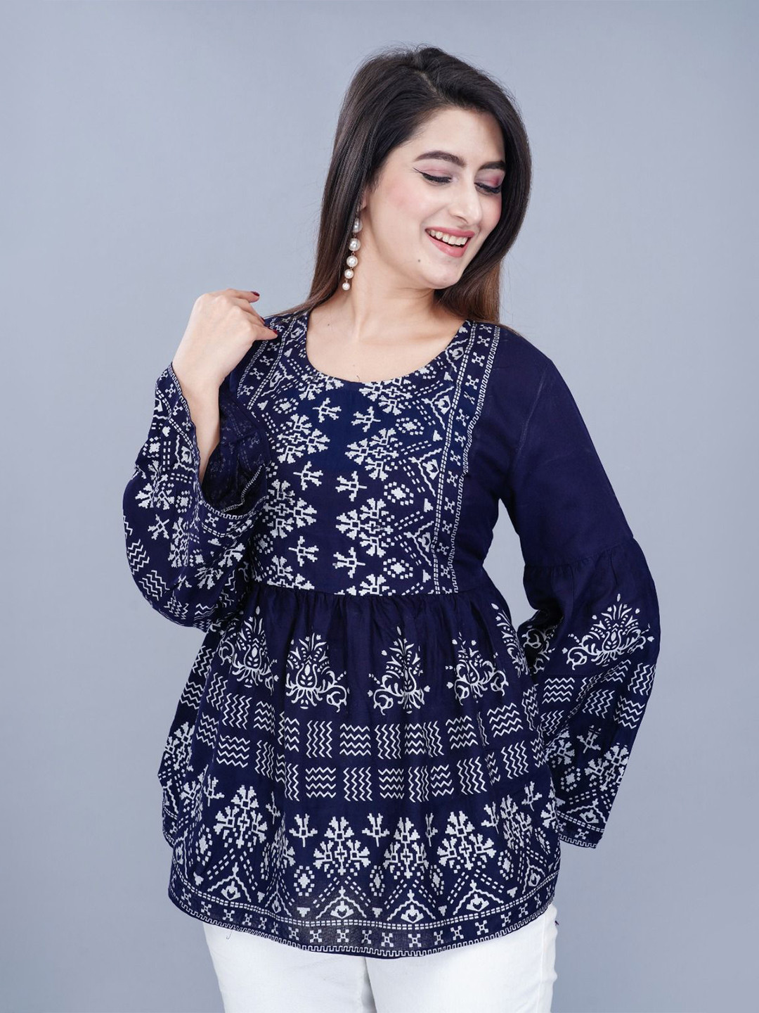 TOP 2 BOTTOM Floral Printed Anarkali Kurti T2B-BLUE-Blue