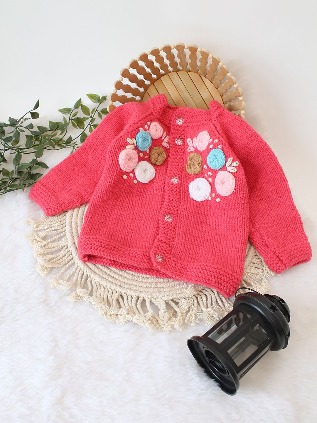 Woonie Girls Self Design Floral Cardigan Sweaters