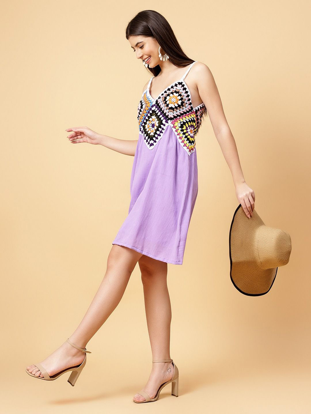 Velvery Shoulder Straps Bohemian Crochet A-Line Dress