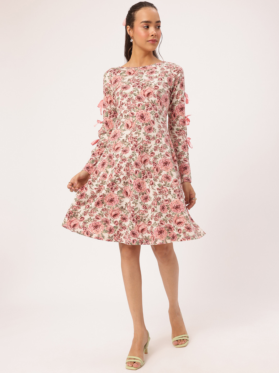 DressBerry Long Sleeves Bow Cut-Out Detail Flared A-Line Dress