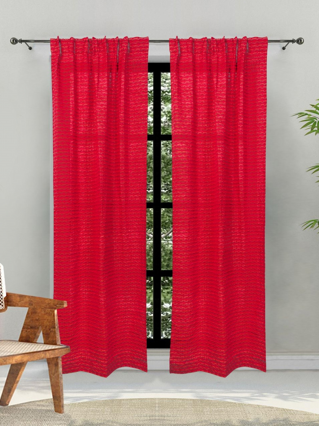 Fabindia Red Striped Cotton Black Out Door Curtain