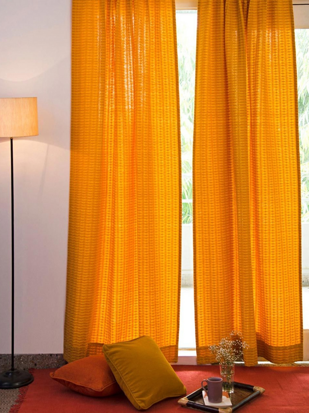 Fabindia Yellow Sheer Cotton Long Door Curtain