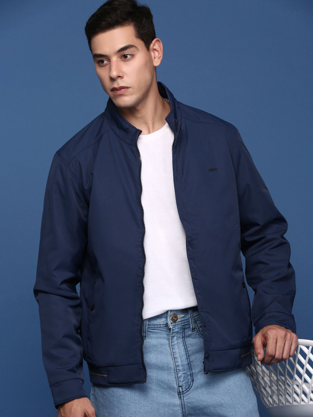 SHOWOFFFF Men Mock Collar Solid Windcheater Bomber with Embroidered Jacket