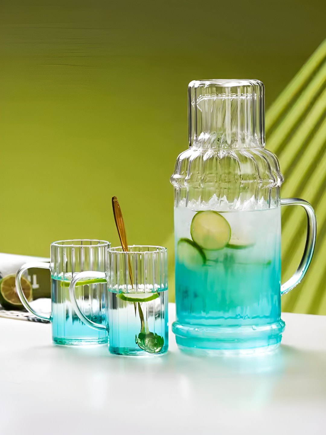 The Better Home Blue 3 Pieces Textured Water Jug With Glasses
