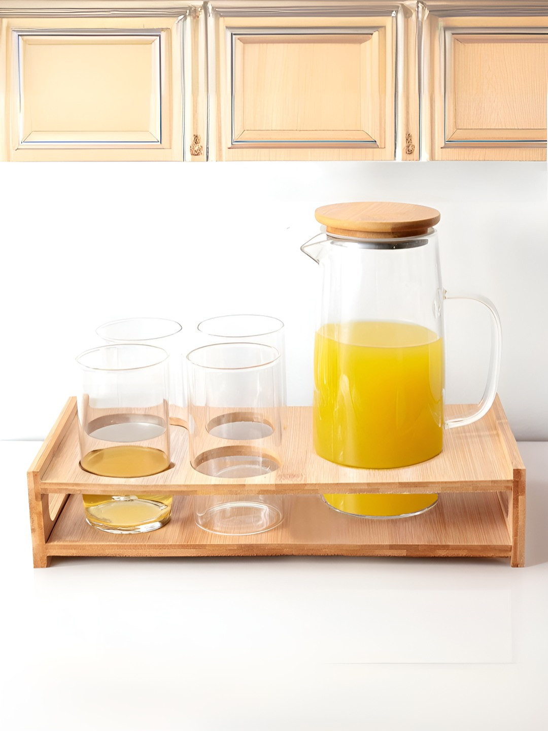 The Better Home Transparent & Brown 6 Pieces Water Jug With Glasses & Tray