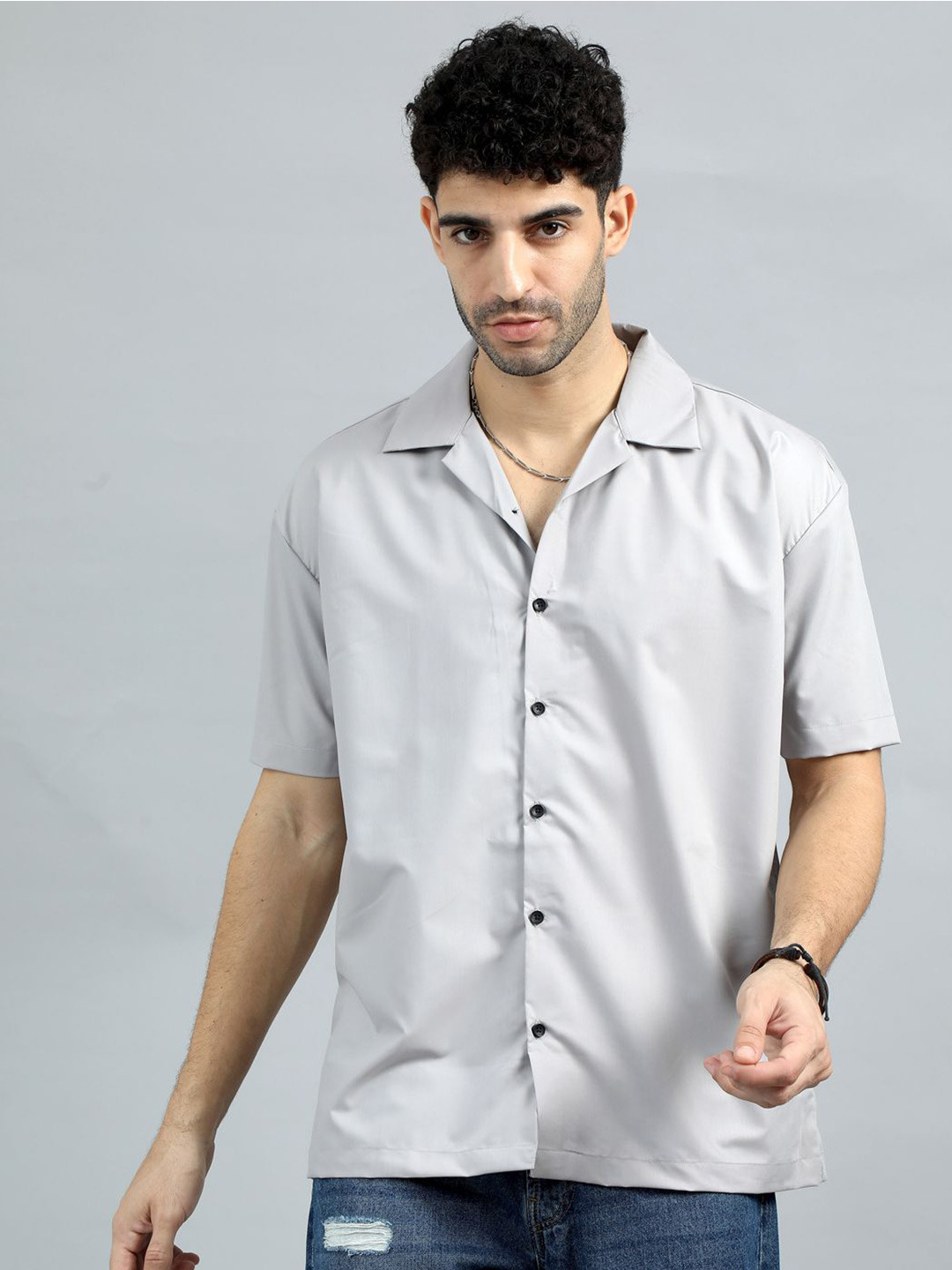 Grey Solid Cuban Collar Casual Shirt