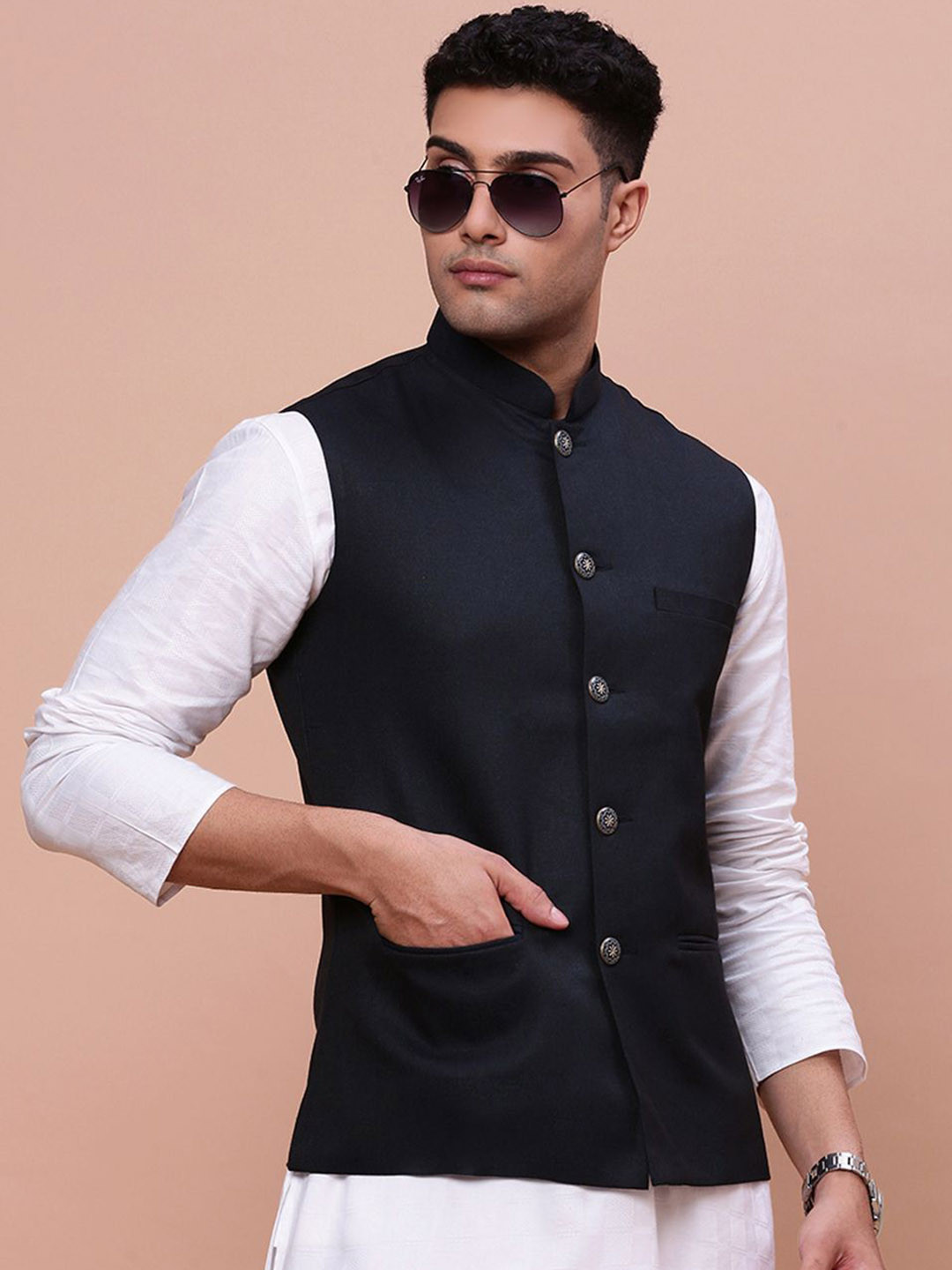 SHOWOFF  Men's Solid Navy Blue Slim Fit Nehru Jacket