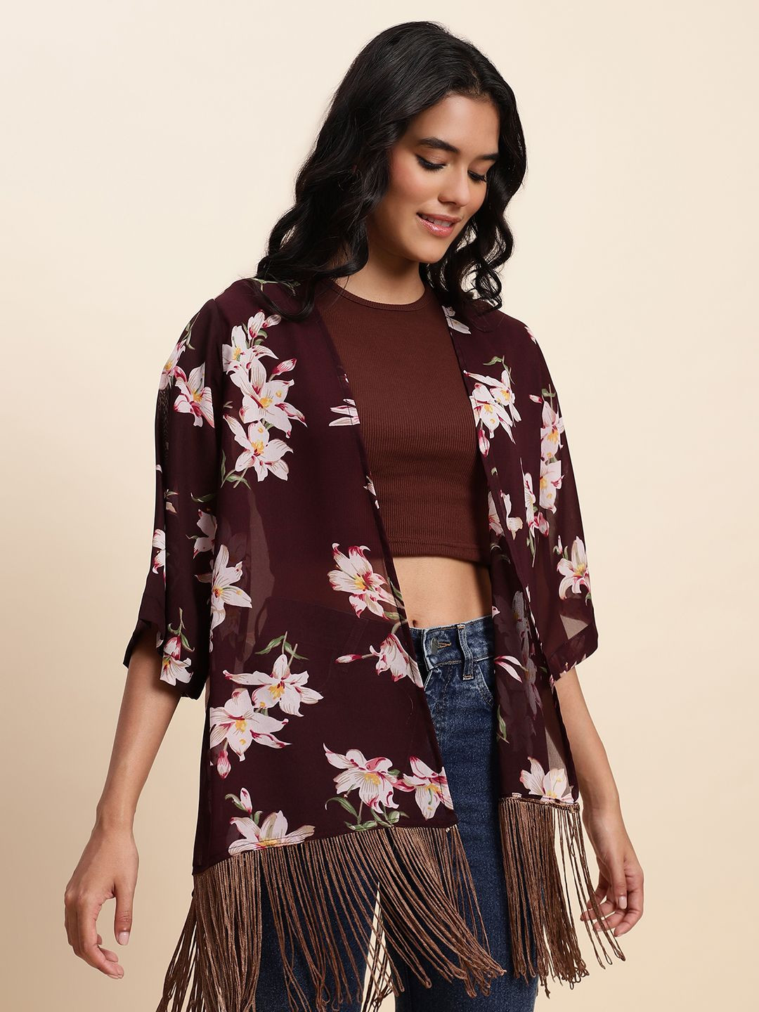 UnaOne Floral Printed Pure Cotton Front Open Shrug With Fringes