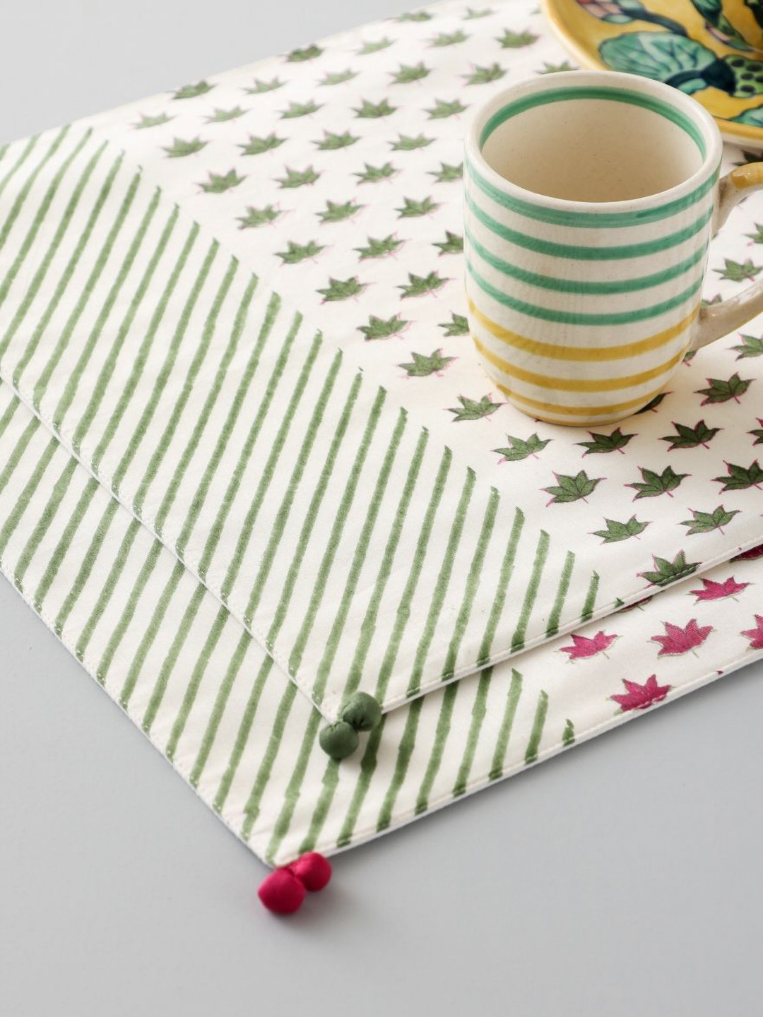 Eyaas White & Green 2 Pieces Lotus Printed Chanderi Table Mat