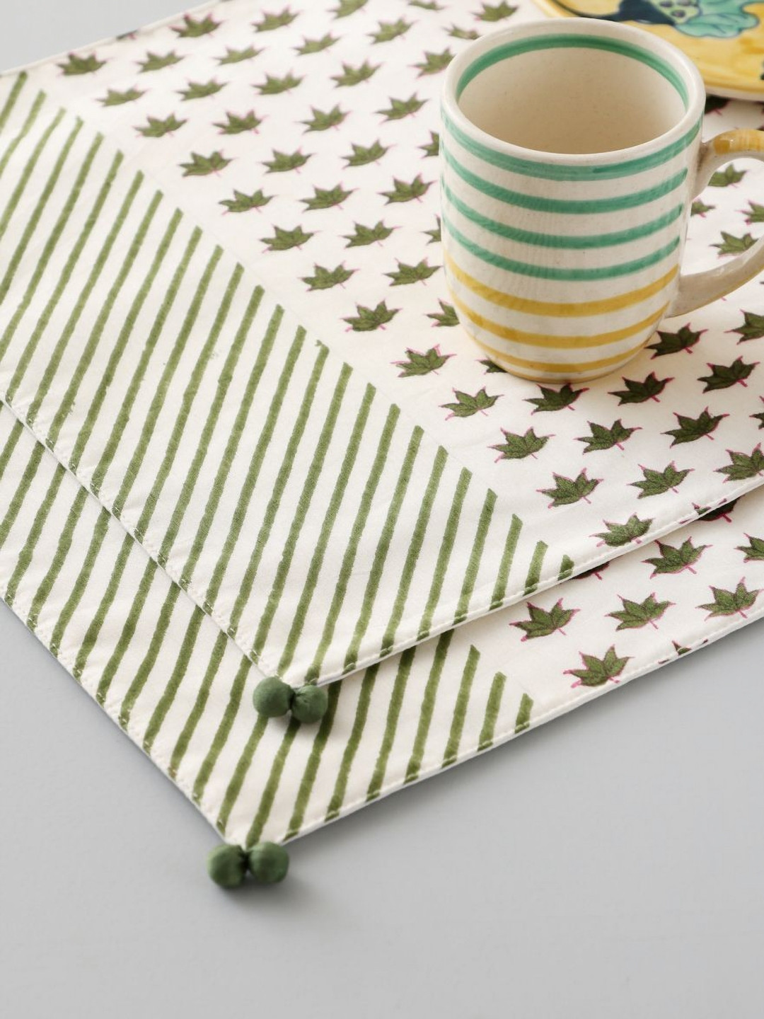 Eyaas White & Green 2 Pieces Lotus Printed Chanderi Table Mat