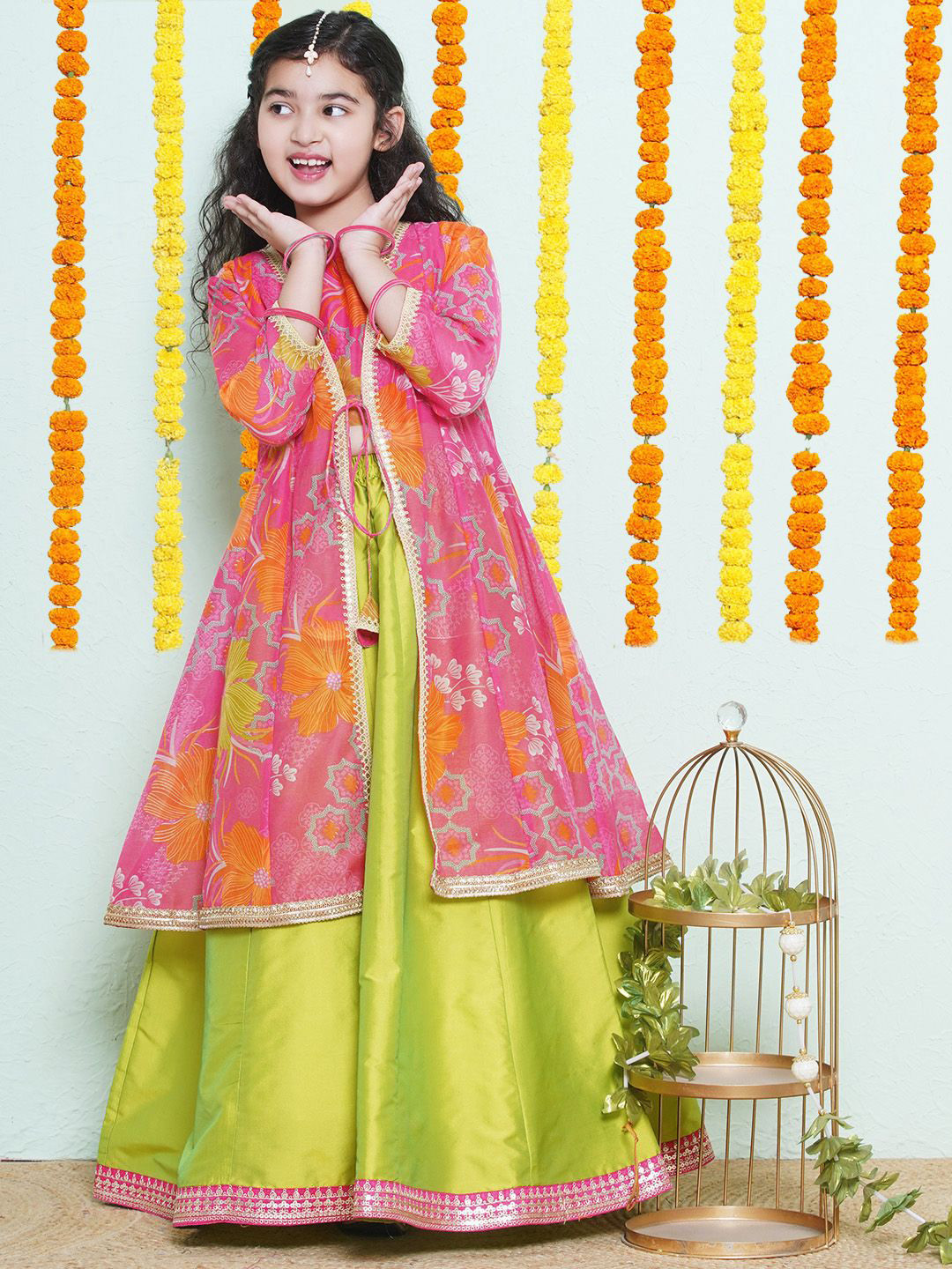 Bitiya by Bhama Girls Floral Printed Gotta Patti Ready to Wear Lehenga & Blouse With Shrug