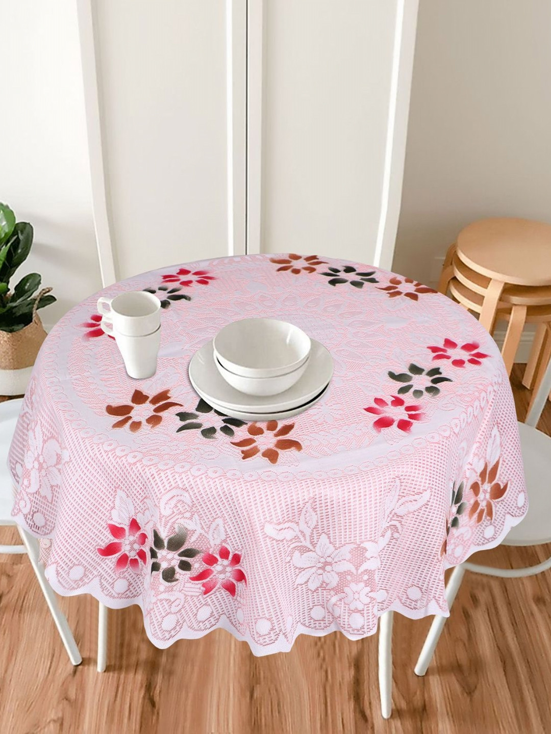 LooMantha Pink & Red Floral Cotton Round 4-Seater Table Cover with Embroidered details