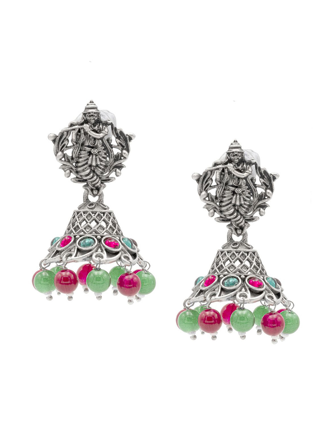 Shining Jewel - By Shivansh Silver-Plated Oxidised Cubic Zirconia Crystal Jhumkas