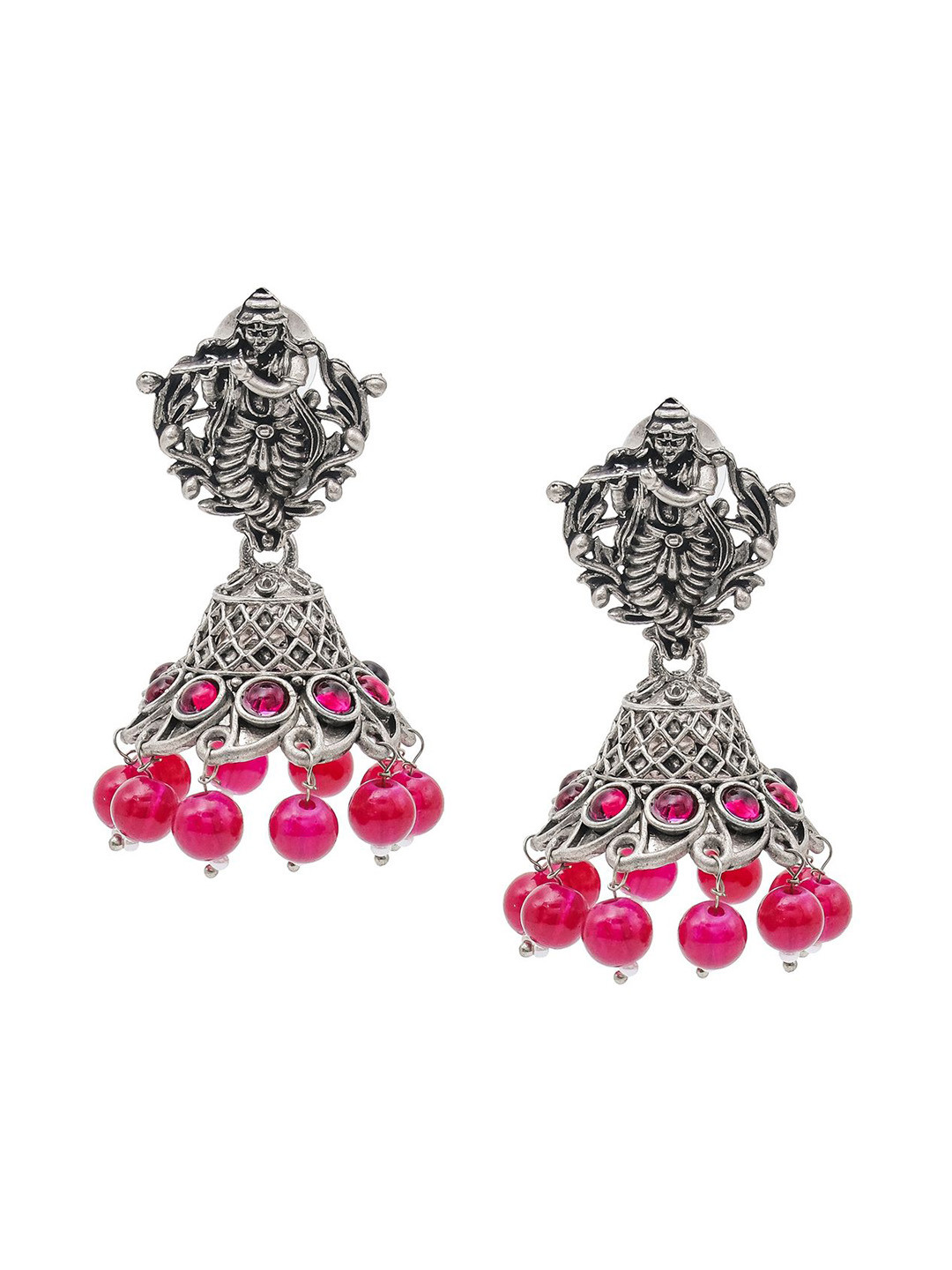 Shining Jewel - By Shivansh Matte Silver-Plated Crystal Studded Dome Shaped Jhumkas