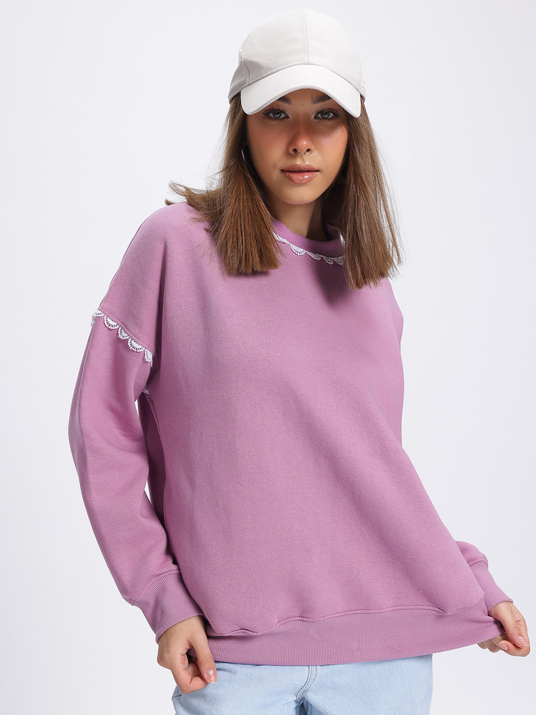 DressBerry Lace Insert Detail Drop-Shoulder Sleeve Sweatshirt