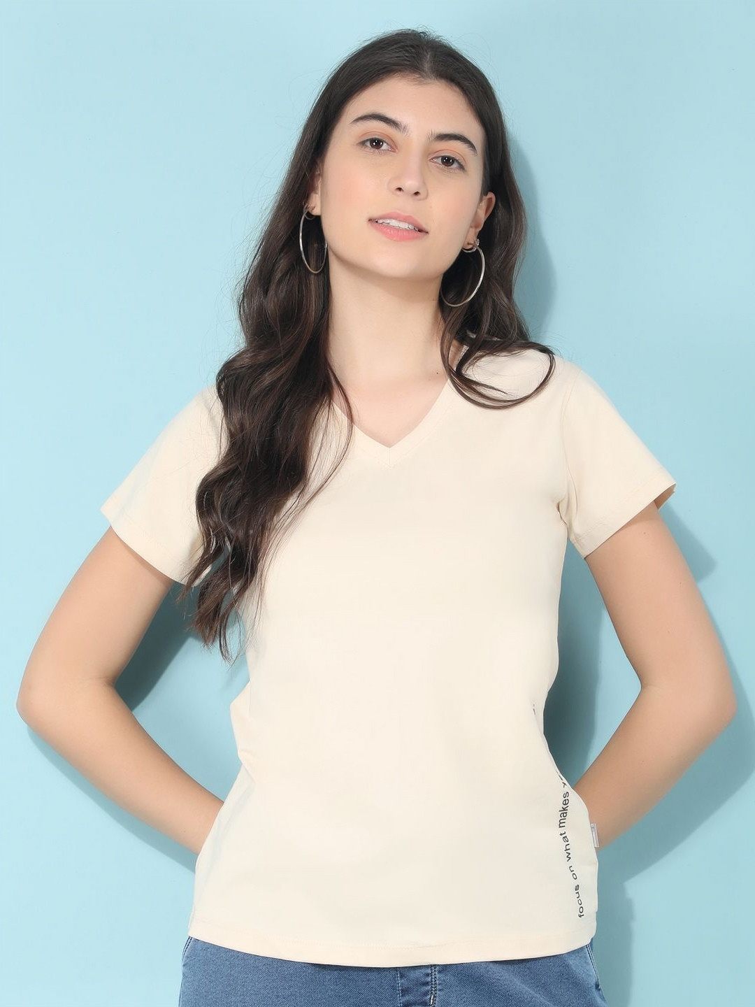 Crimsoune Club Women Solid Typography or Slogan Print V-Neck Cotton Slim Fit T-Shirt