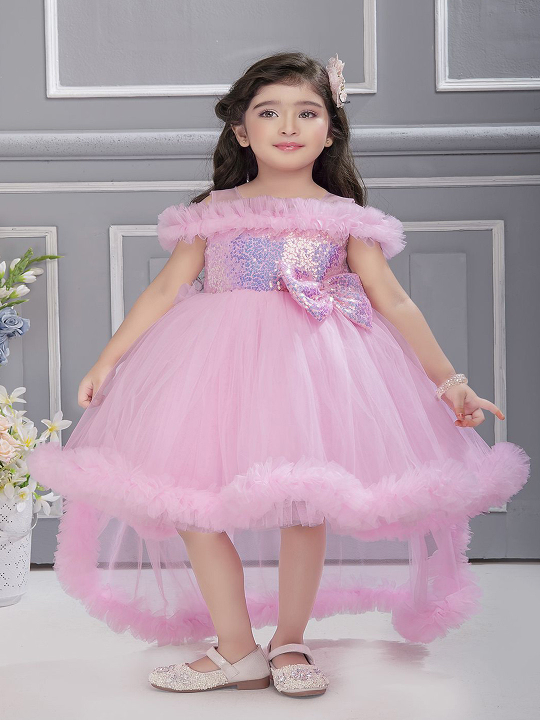 Ministitch Girls sequence Off Shoulder Flutter Sleeve Net Knee Length Empire Dress