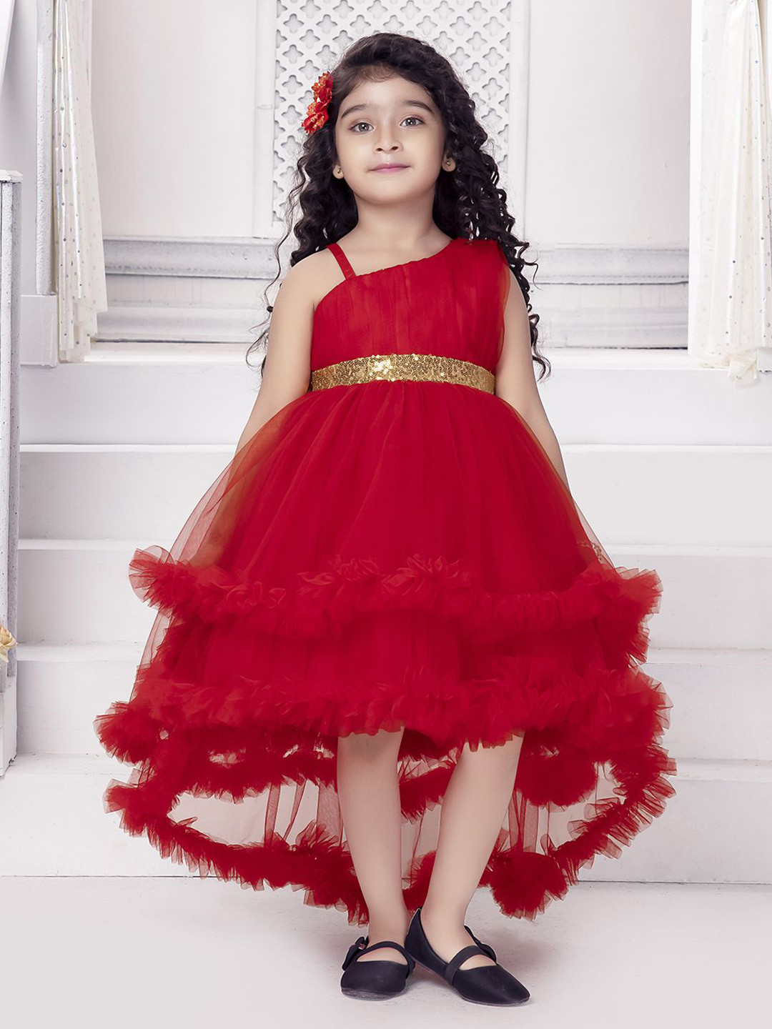 Ministitch Girls Solid One Shoulder Sleeveless Net Baloon Dress