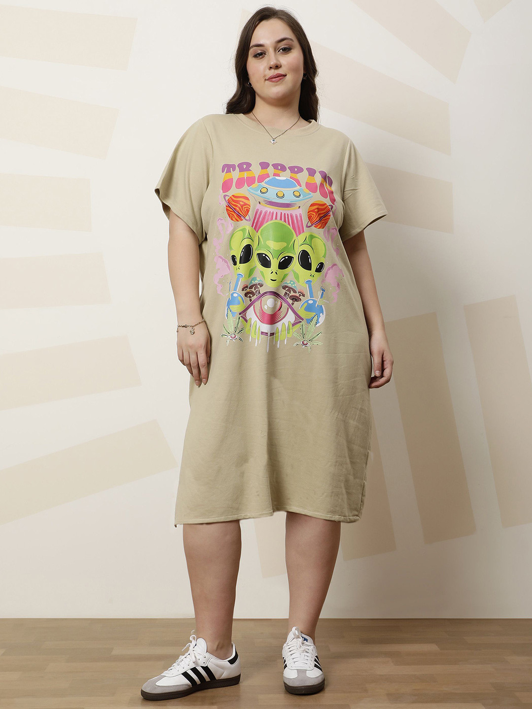 Athena Ample Women Plus Size Graphics Printed Round Neck Cap Sleevess Midi Tshirt Dress