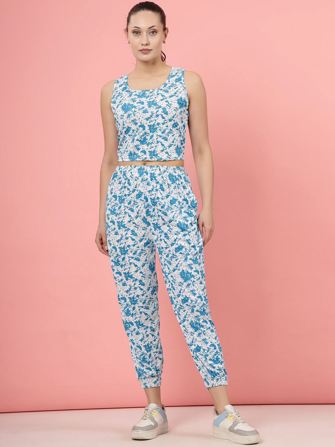 Clora Creation Abstract Printed Hosiery Crop Top With Joggers