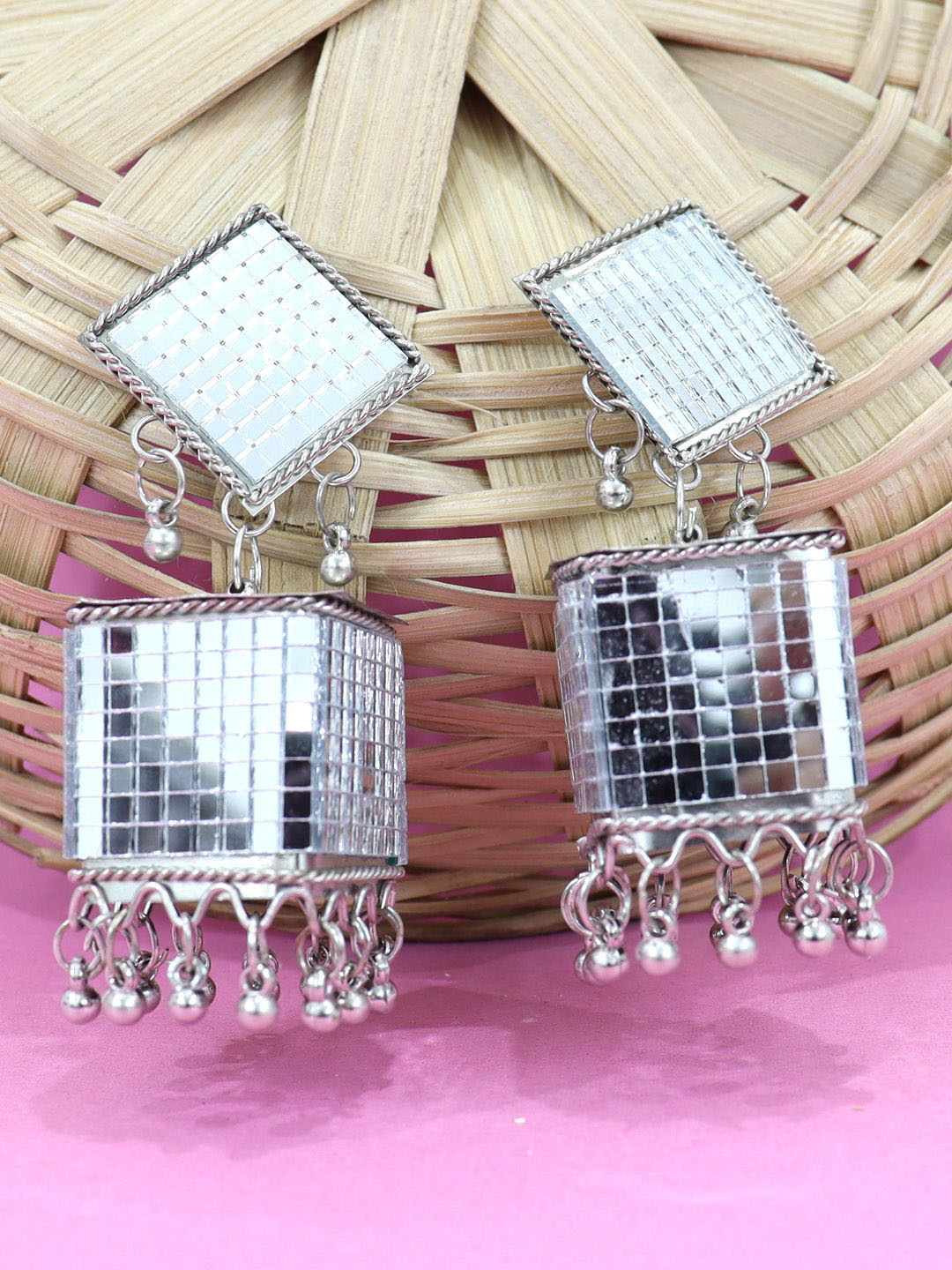 Krelin Silver-Plated Mirror Work Square Shaped Oxidized Jhumkas
