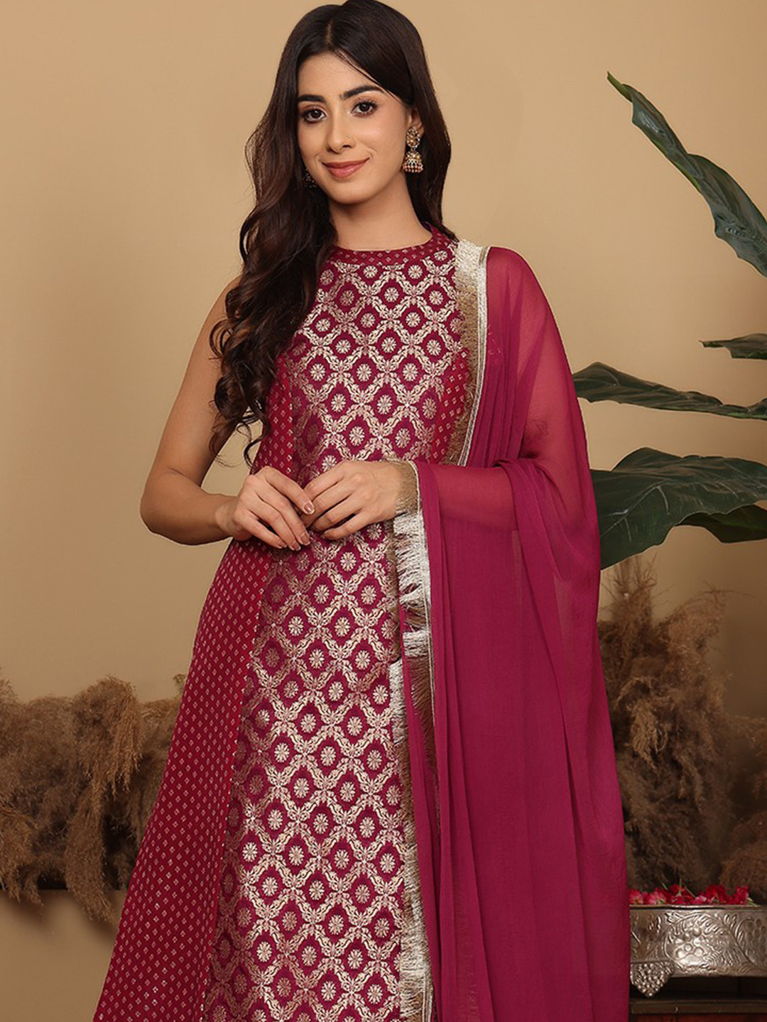 Varanga Women Brocade Princess cut A Line Halter Neck Kurta with Trouser & Dupatta