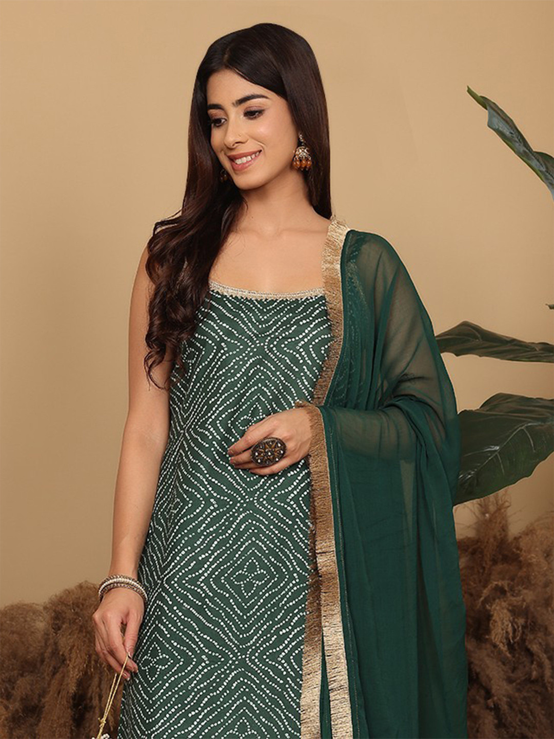 Varanga Bandhani Gotta Patti Kurta with Sharara & Fringed Dupatta.