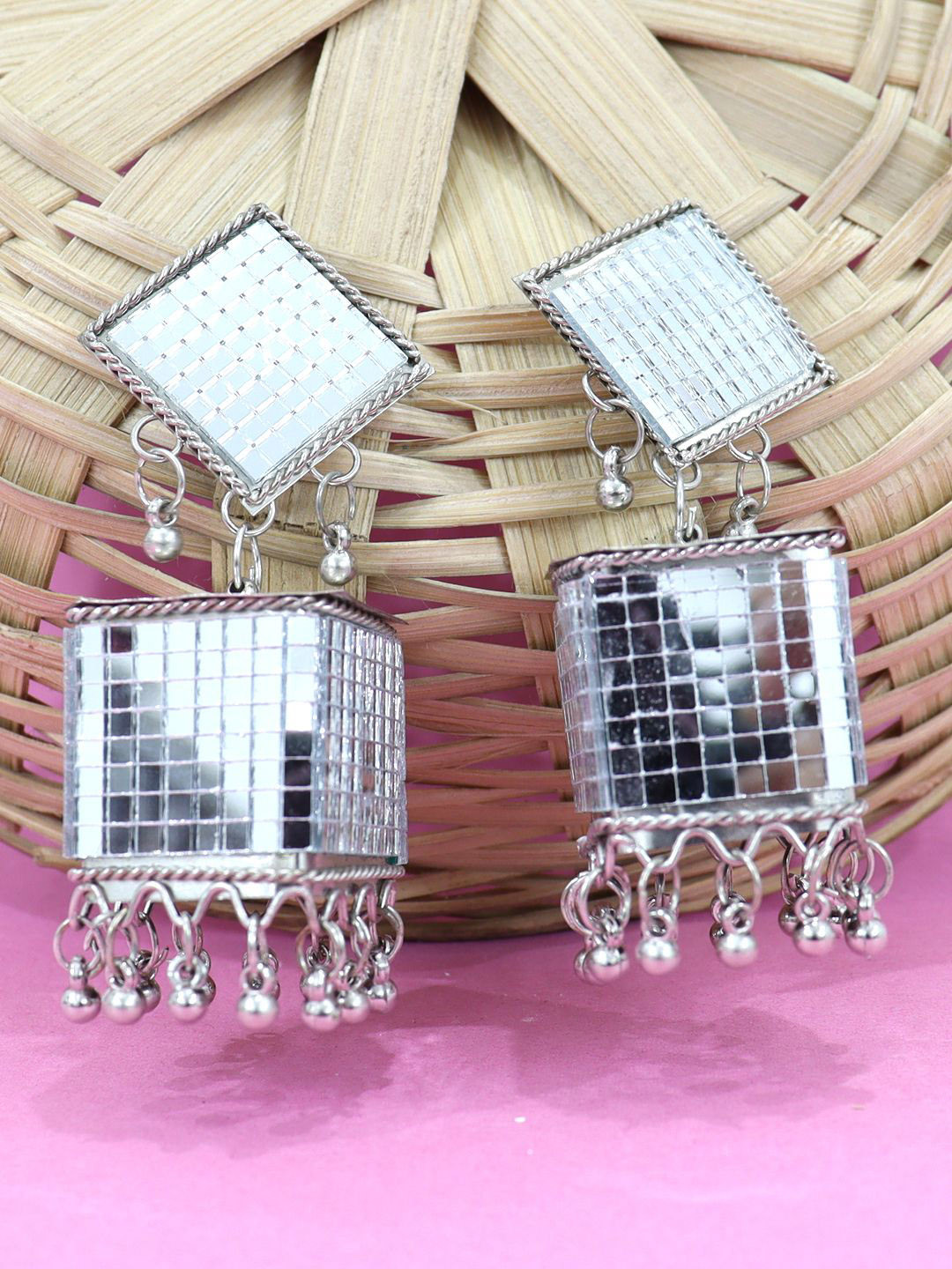 FIMBUL Silver-Plated Mirror Work Oxidised Square Shaped Jhumkas