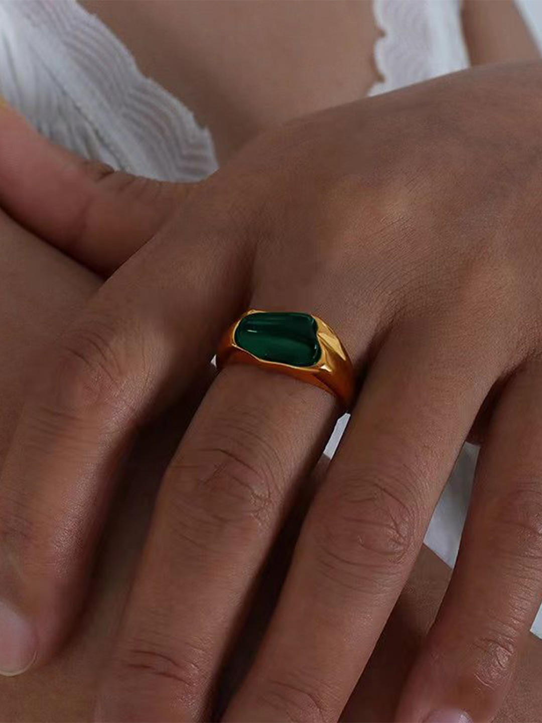 PALMONAS Gold Plated Stainless Steel Cubic Zirconia Greenstone Enigma Finger Ring