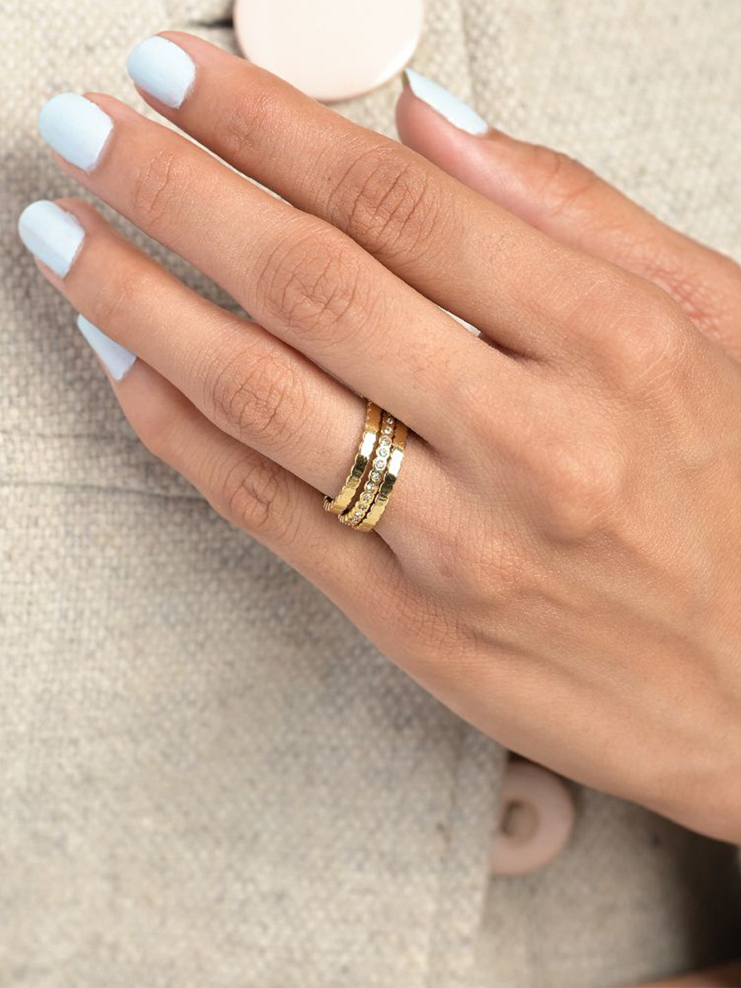 PALMONAS Set Of 3 Gold-Plated Stainless Steel Cubic Zirconia Studded Honeycomb Rings