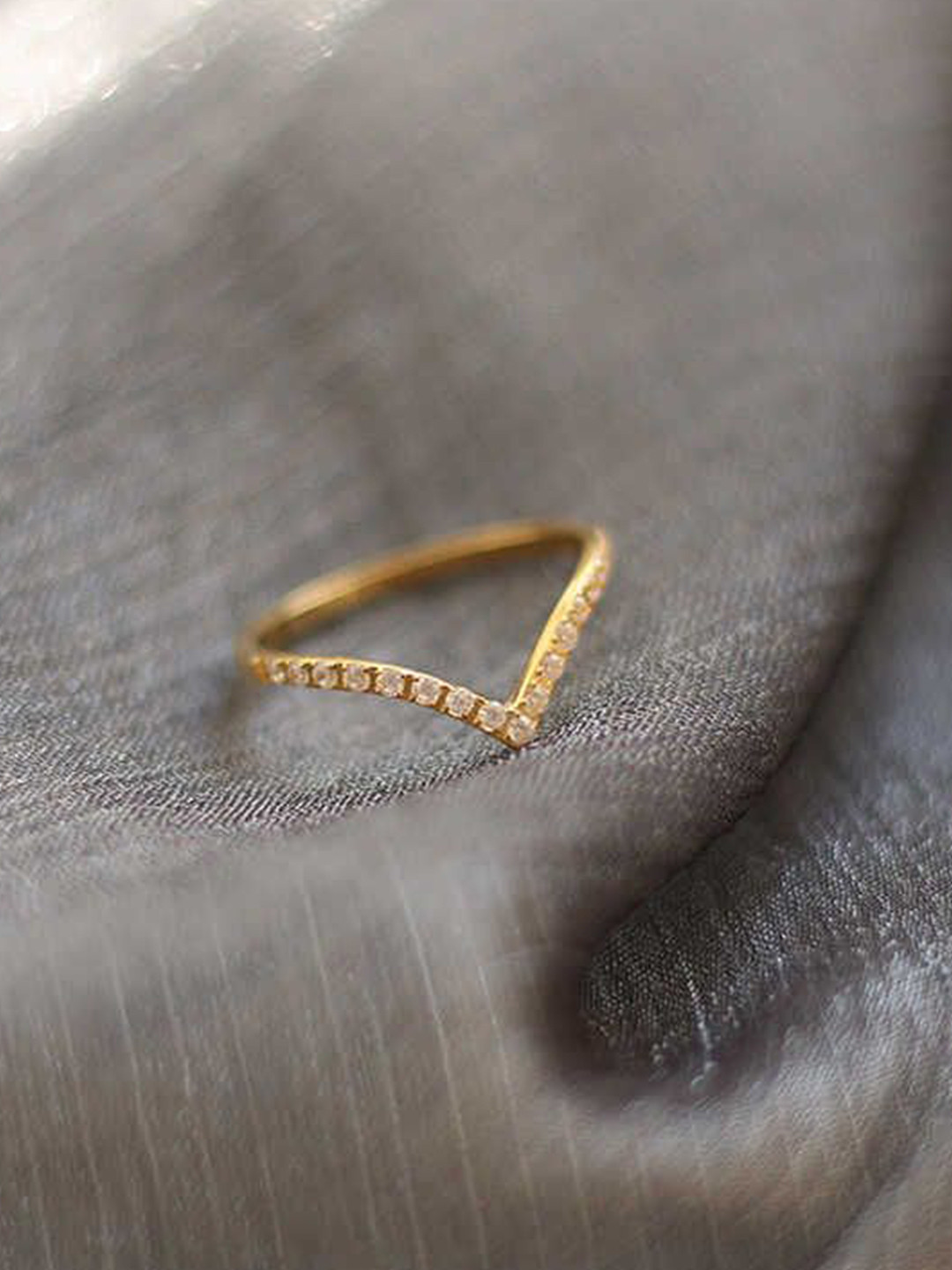 PALMONAS Gold Plated Stainless Steel Cubic Zirconia Stone Studded Chevron Finger Ring