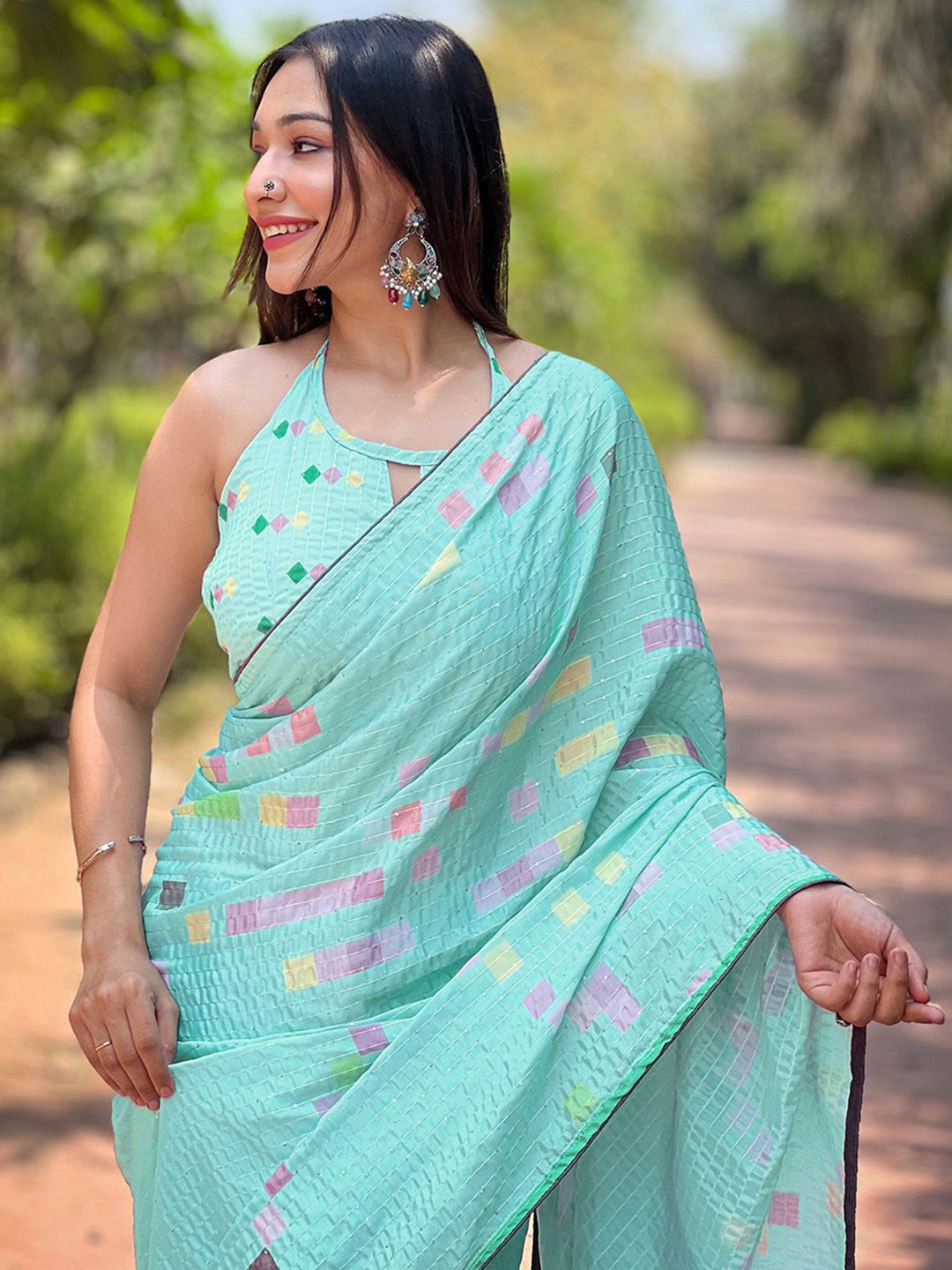Mitera Satin Geometric Crochet Embellished Festive Celebrity Saree