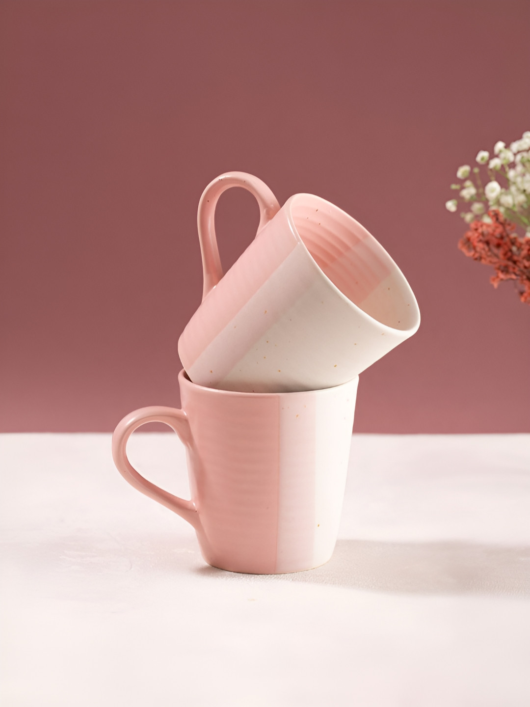 URBAN SPACE Premium & Golden Design Pink Colourblocked Ceramic Handmade 2 Piece Mugs-320ml