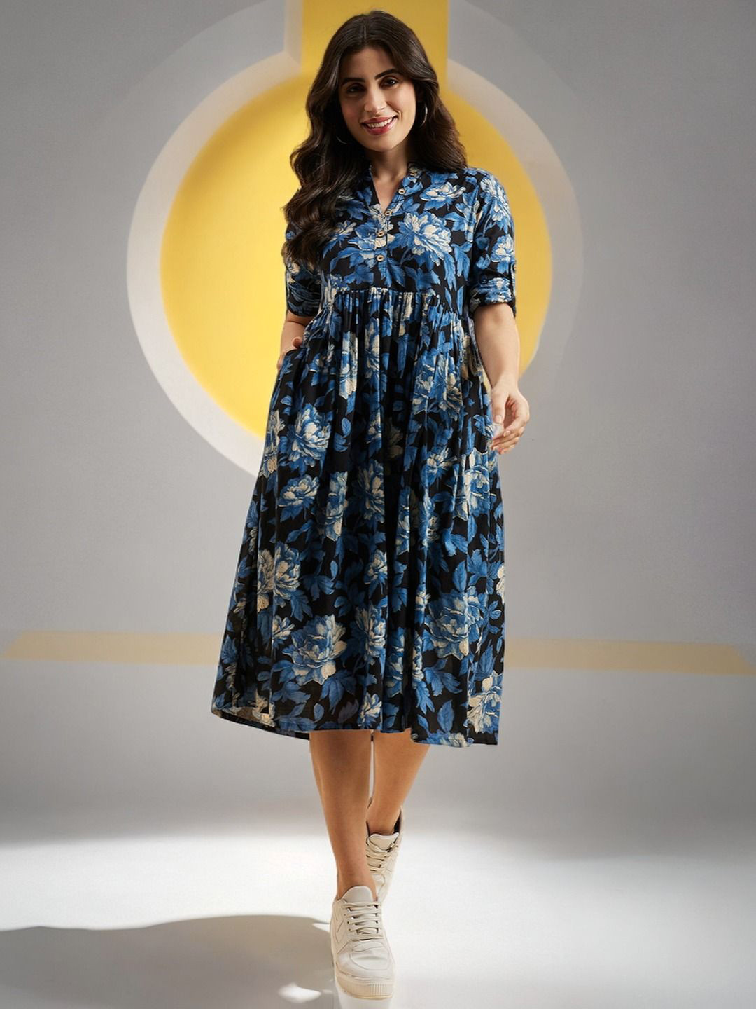 Azira Floral Printed Cotton Roll-Up Sleeves Empire Midi Dress
