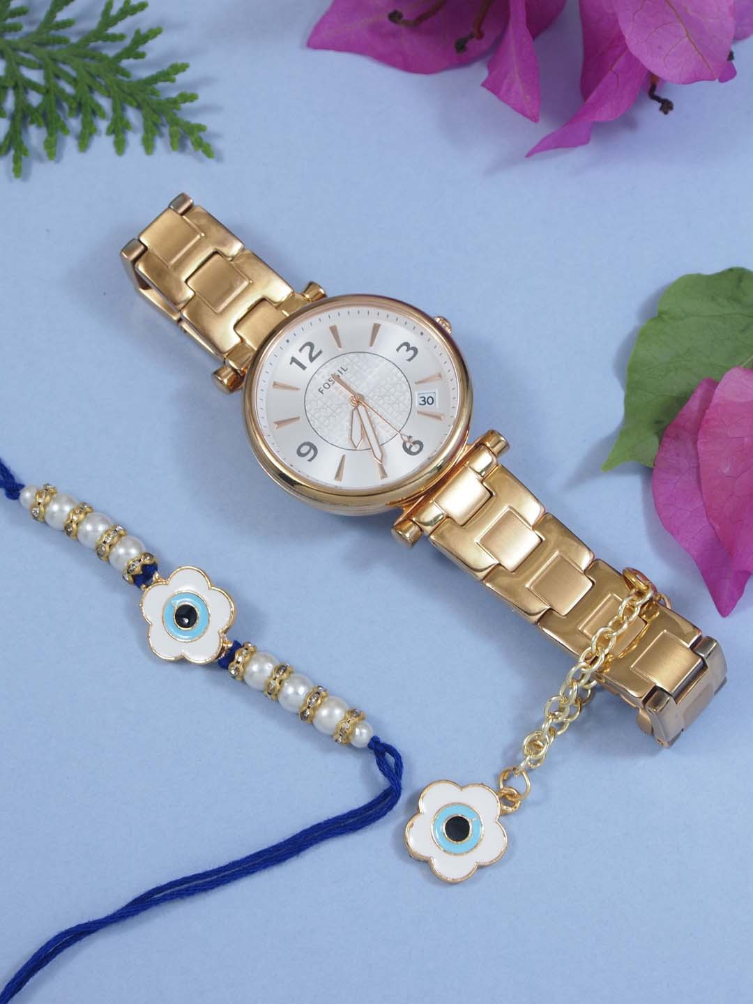 I Jewels Floral Evil Eye Beaded Bhaiya Bhabhi Rakhi With Watch Accessories Gift Set