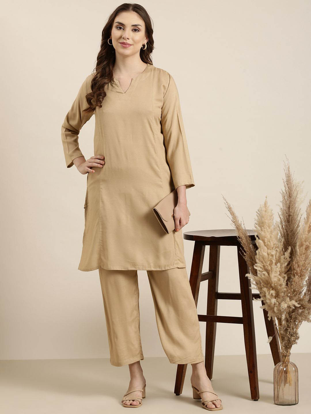 SHOOLIN Notch Neck Regular Top with Trousers