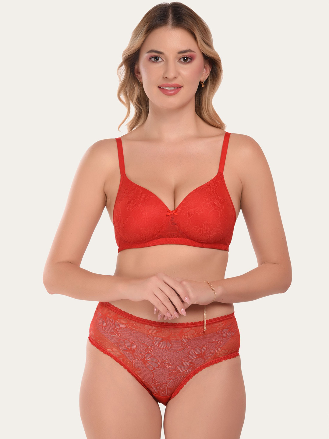 DressBerry Self Design Padded Non Wired Lingerie Set SDS-5025-RED