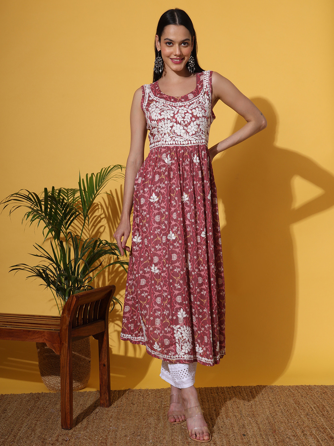 The Chikan Label Floral Printed Mirror Work Organic Cotton A-Line Kurta