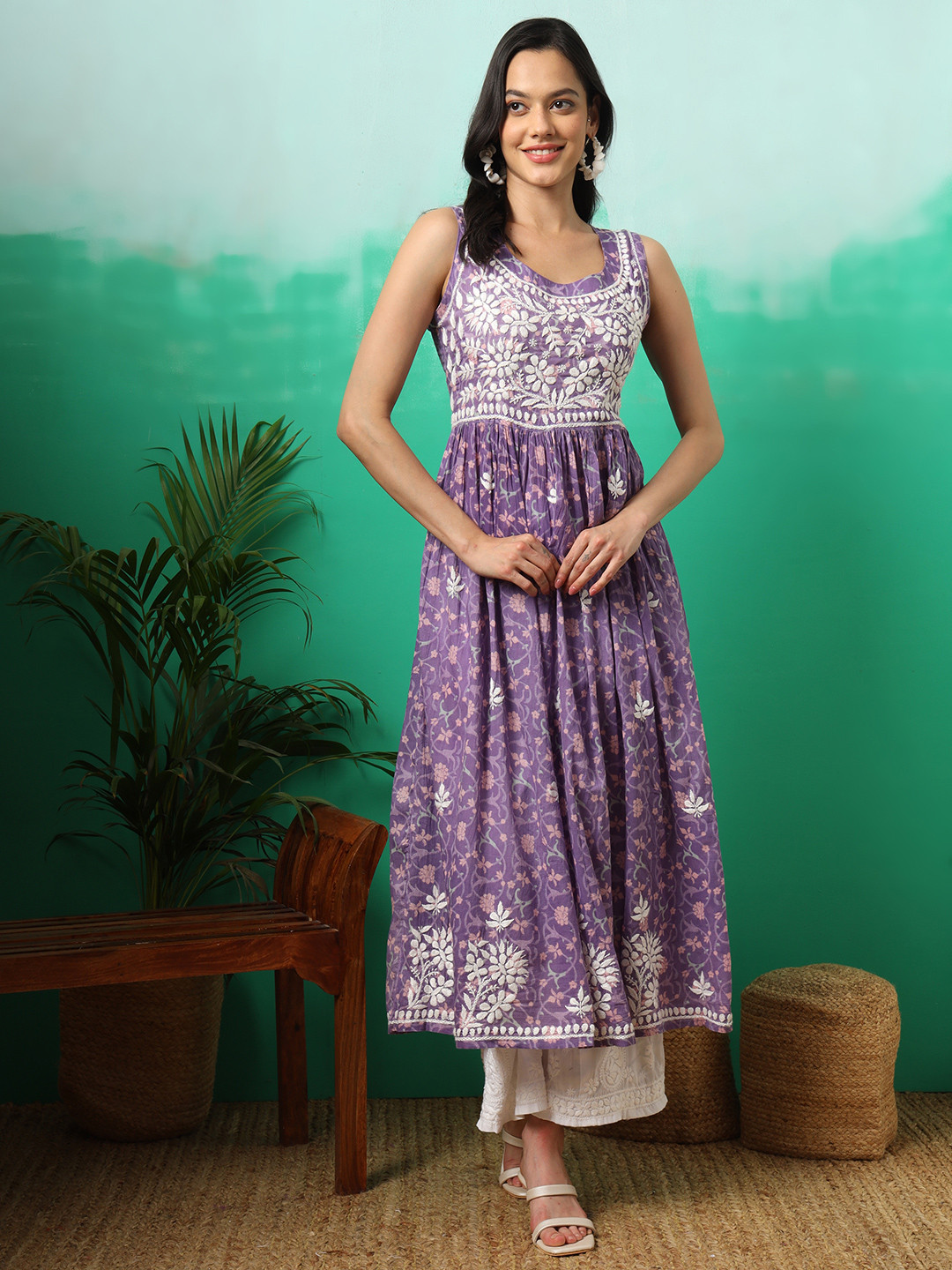 The Chikan Label Floral Printed Sleeveless Organic Cotton Anarkali Kurta
