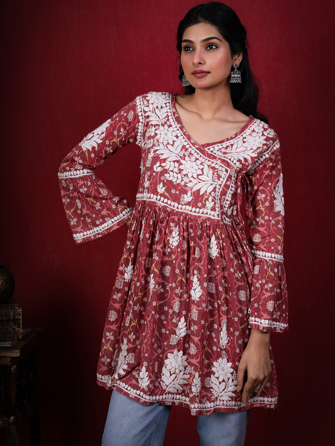 The Chikan Label Hand Embroidered Flared Sleeves Chikankari Short Angrakha Kurti