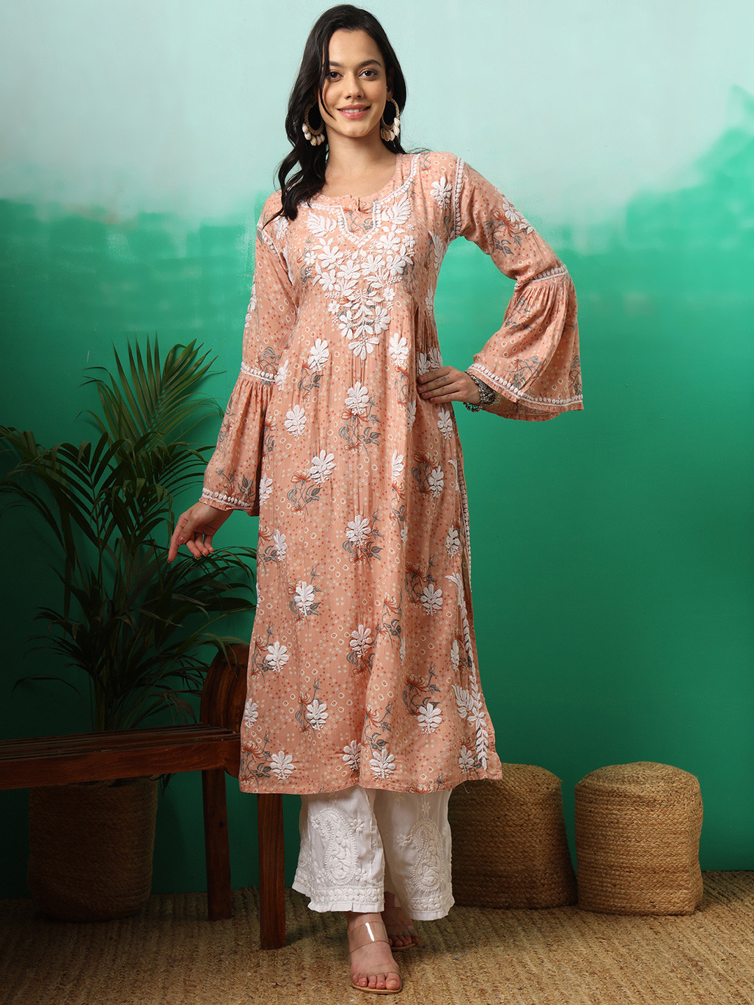 The Chikan Label Floral Embroidered Thread Work Organic Cotton Anarkali Kurta