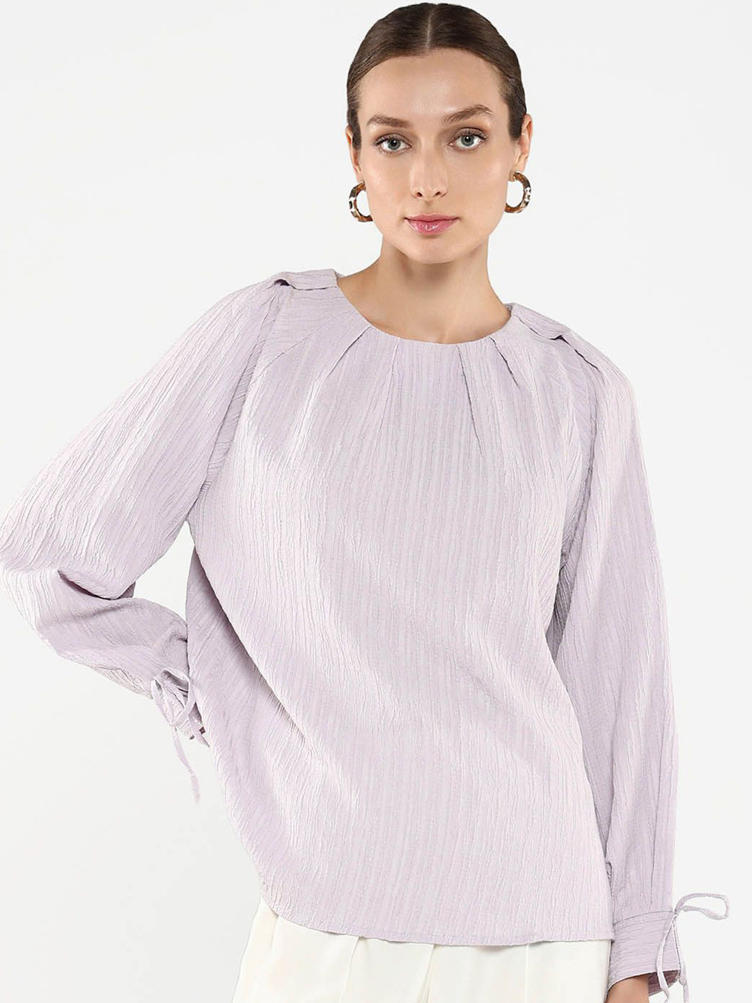 RAREISM Women Cuffed Sleeves Round Neck Pleated Top