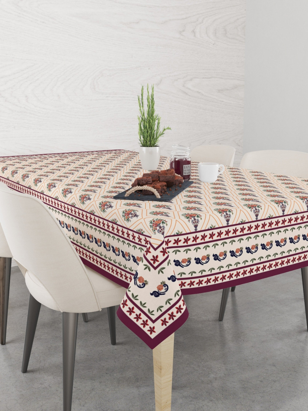 Astitva Cream & Maron Anti-Slip Cotton 6-Seater Table Cover