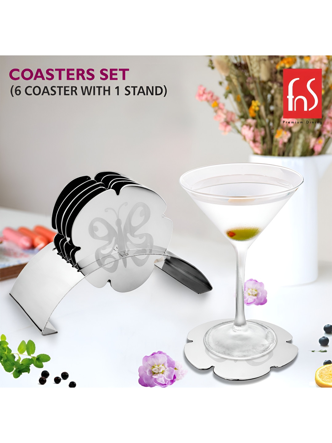 FNS Anemone Silver & White 7 Pieces Floral Printed Metal Coasters With Stand