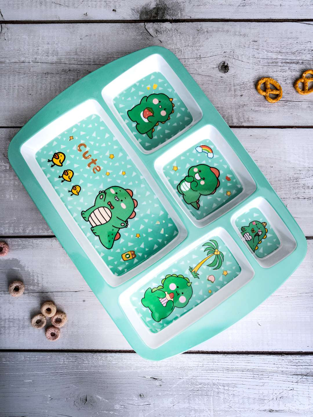 Stehlen Kids Green & White Printed Food Safe Melamine 5 Partition Plate