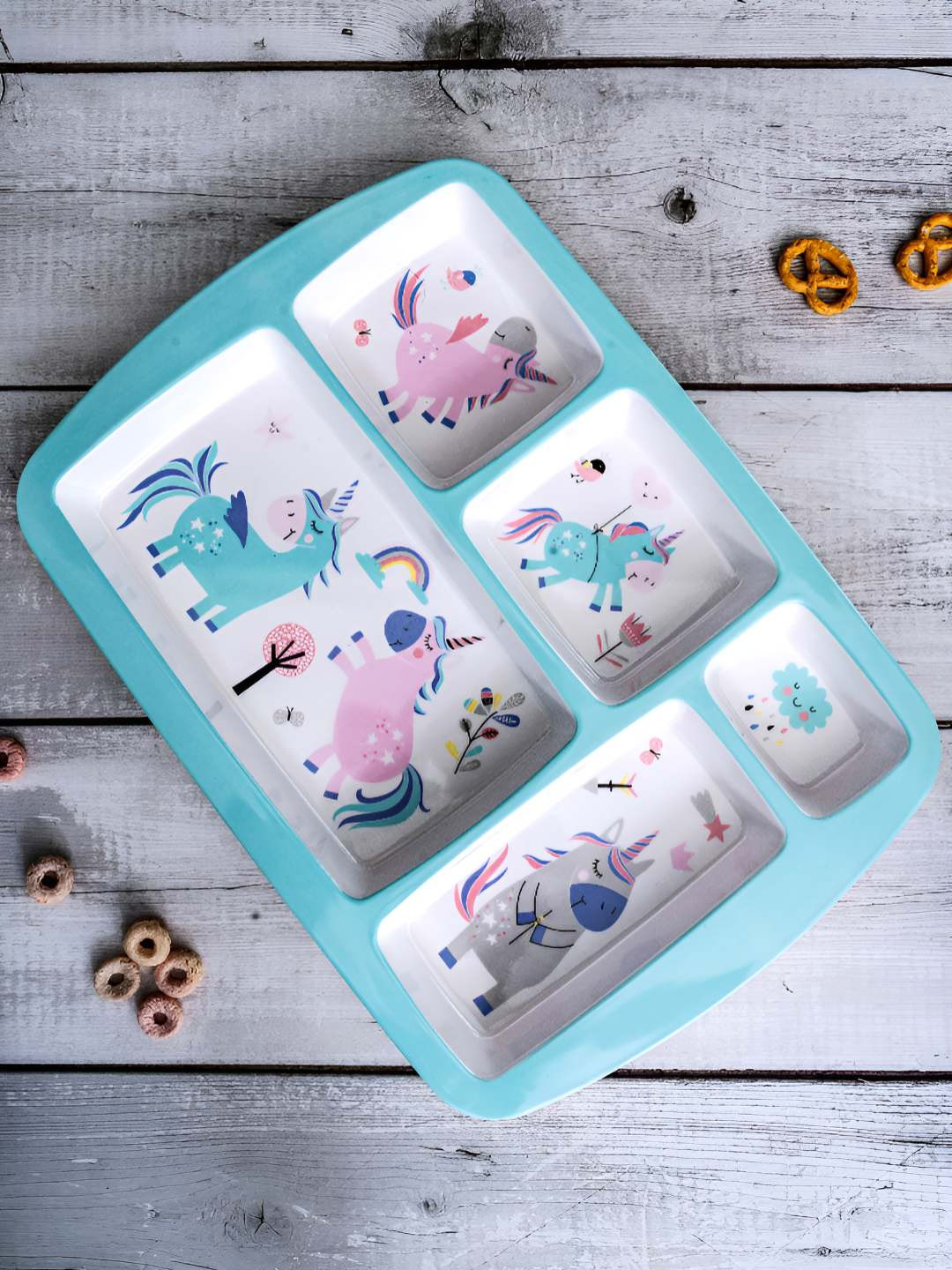 Stehlen Kids Blue & White Printed Food Safe Melamine 5 Partition Plate