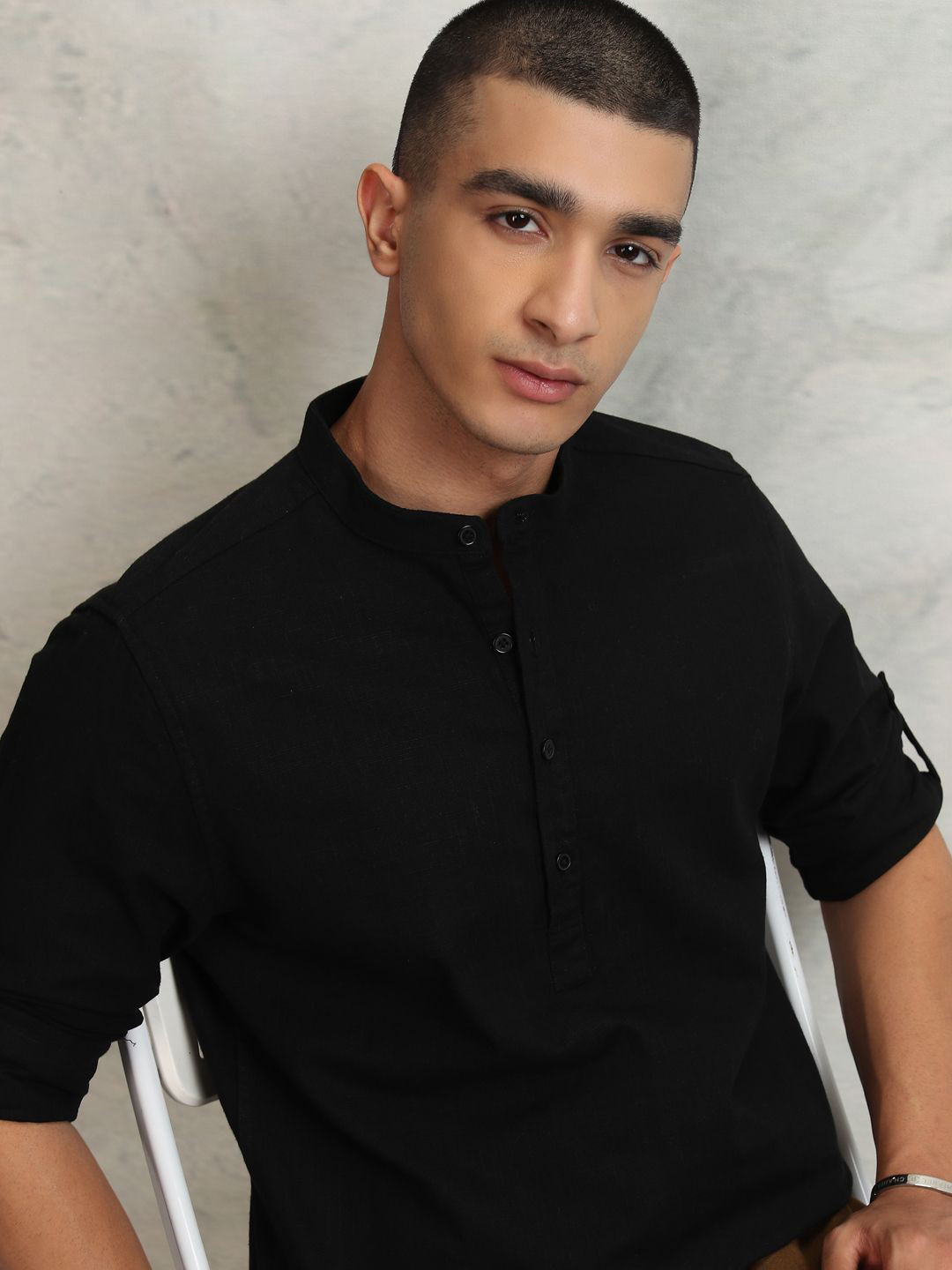 HIGHLANDER Men Solid Mandarin Collar Half Placket Roll-Up Sleeve Casual Shirt