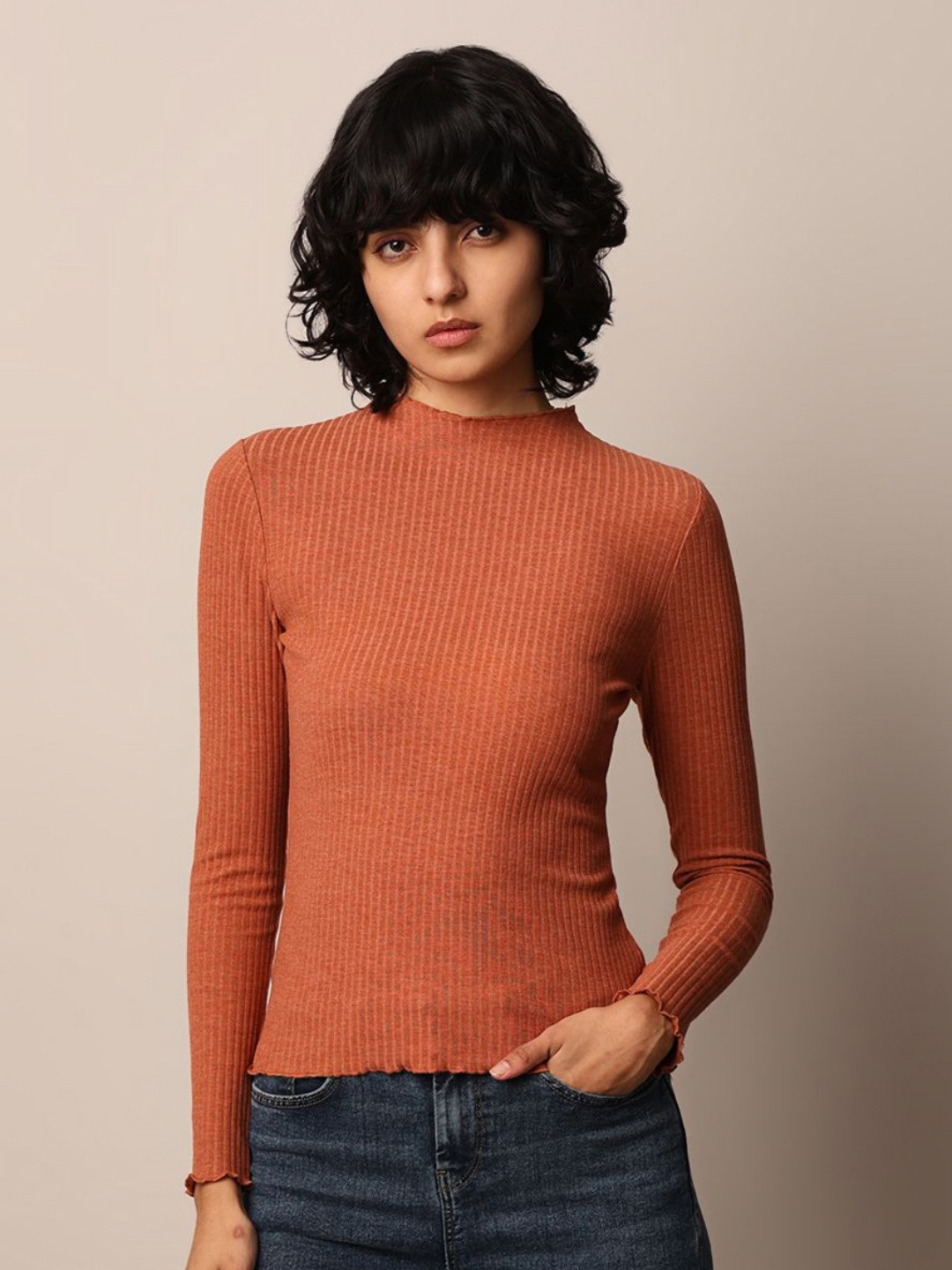 ONLY Women Striped V-Neck Extended Sleeves Pockets Slim Fit T-shirt